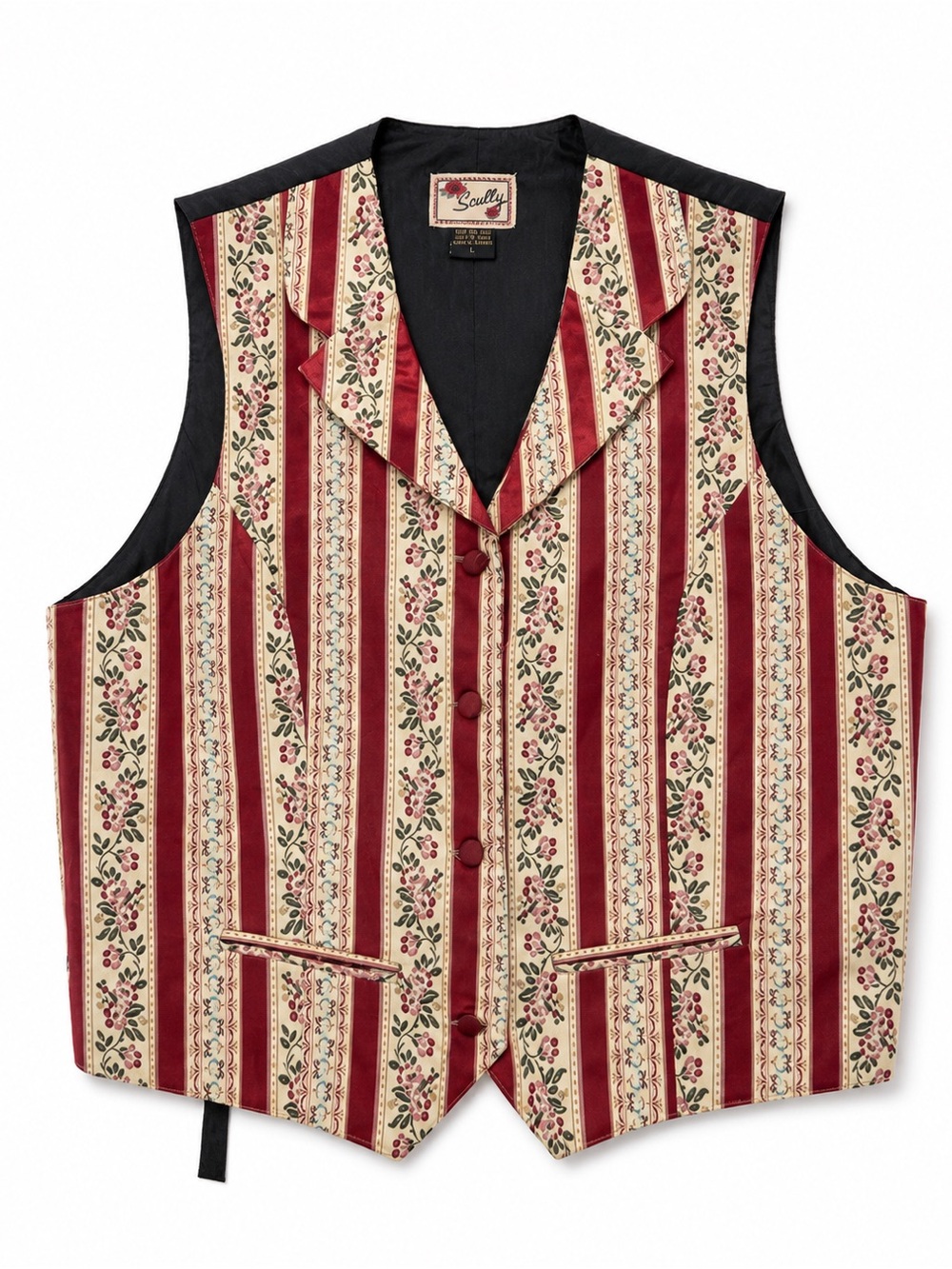 Scully Vintage Floral Stripe Western Vest | Red & Cream Tapestry Print | Size L